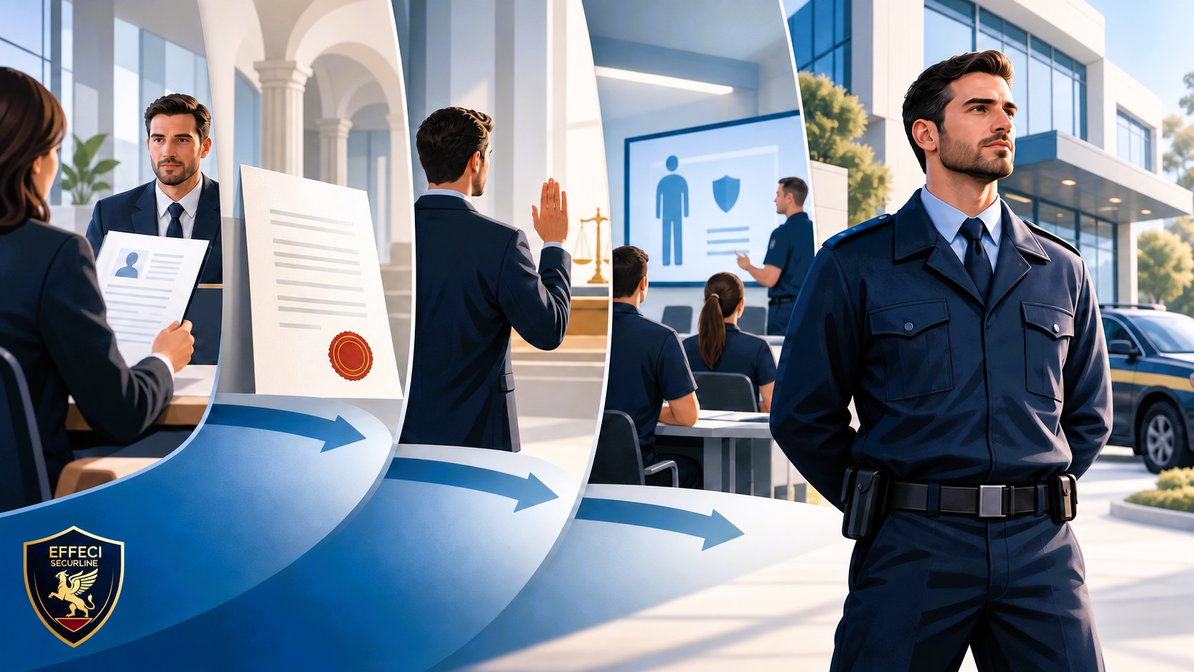 Guardia particolare giurata in servizio di controllo accessi, con divisa e tesserino dell'istituto di vigilanza