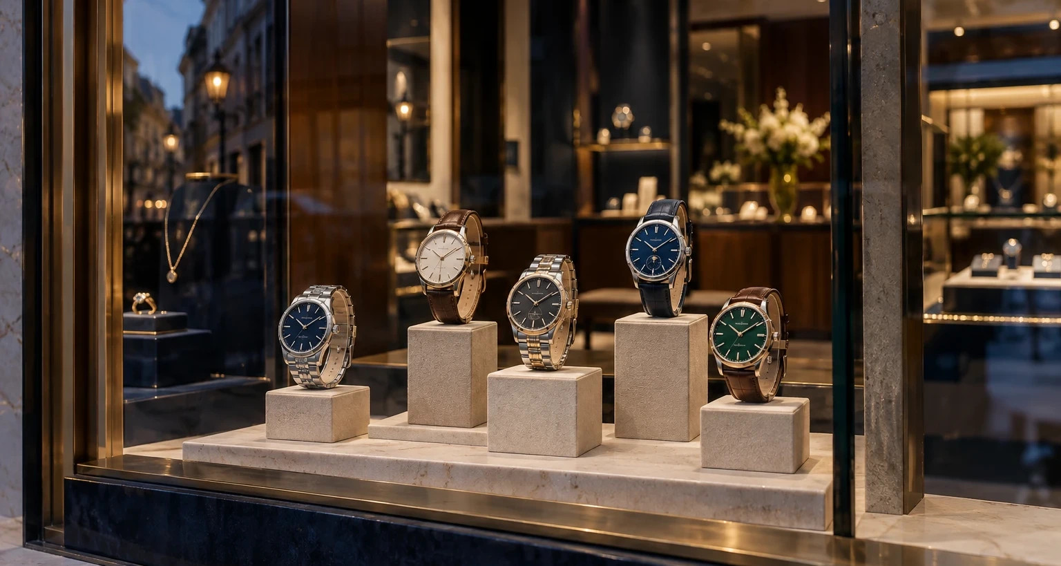 Vetrina di una gioielleria con gioielli e orologi esposti