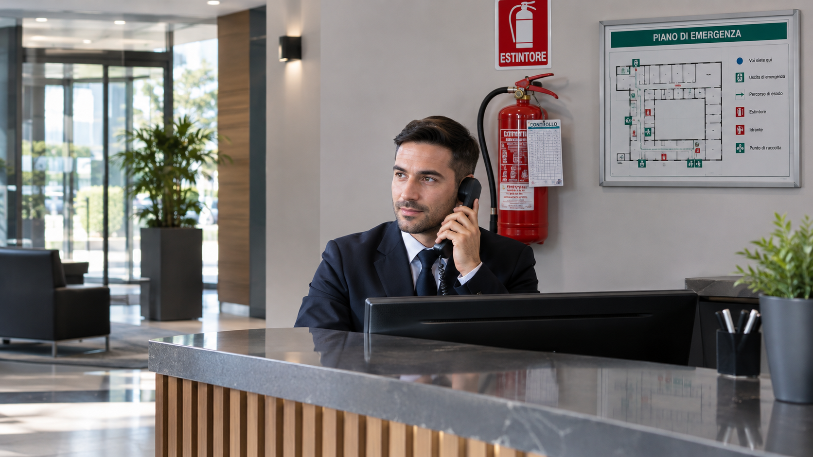 Operatore alla reception di una hall aziendale, con estintore e planimetria di emergenza alle spalle